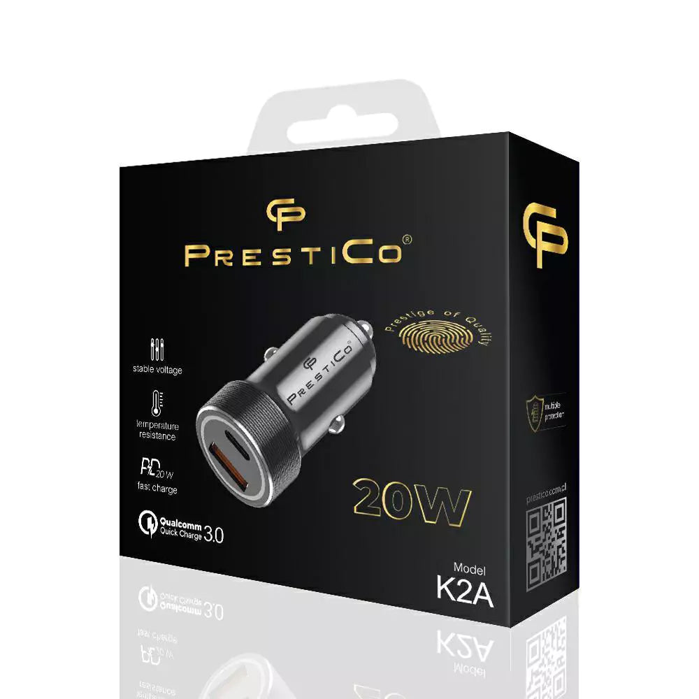 Caricabatterie Auto Prestico K2A, 20W, 3A, 1 x USB-A - 1 x USB-C, Nero