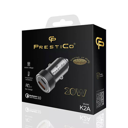 Caricabatterie Auto Prestico K2A, 20W, 3A, 1 x USB-A - 1 x USB-C, Nero