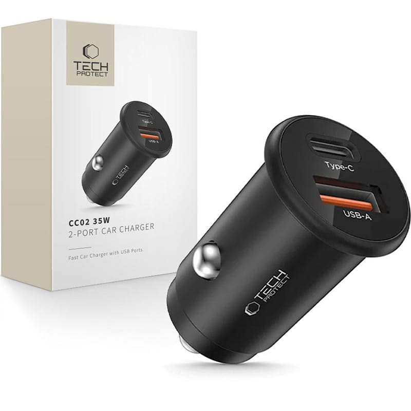 Caricabatterie Auto Tech-Protect CC02, 35W, 3A, 1 x USB-A - 1 x USB-C, Nero