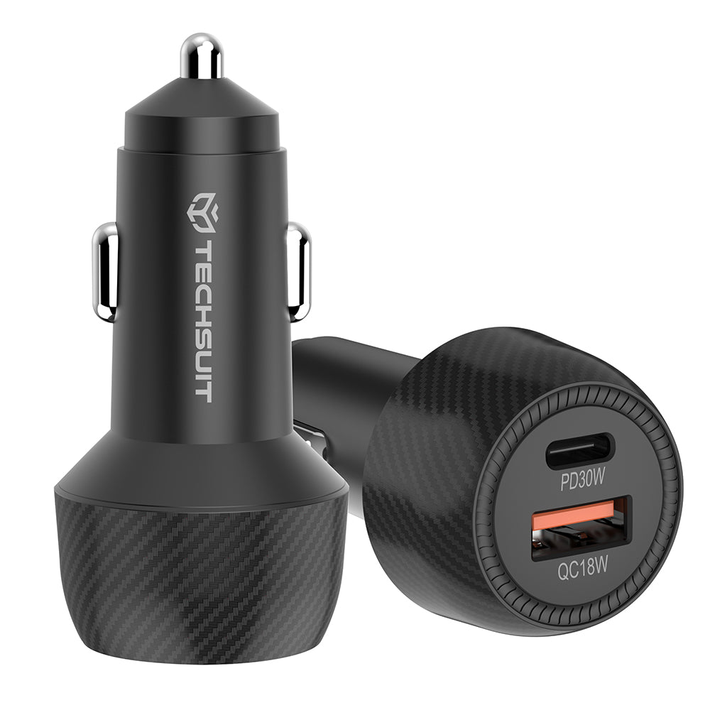 Caricabatterie Auto Techsuit C7 CarbonVolt, 48W, 3A, 1 x USB-A - 1 x USB-C, Nero
