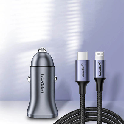 Caricabatterie da auto UGREEN CD130, 30W, 3A, 1 x USB-A - 1 x USB-C, Grigio 