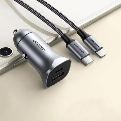 Caricabatterie da auto UGREEN CD130, 30W, 3A, 1 x USB-A - 1 x USB-C, Grigio 