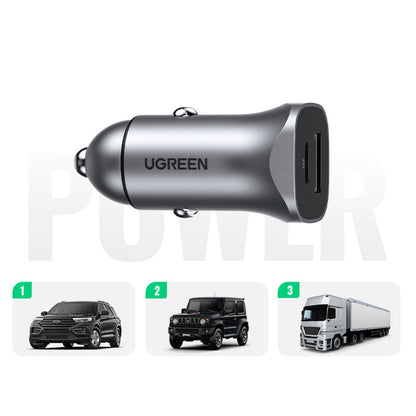 Caricabatterie Auto UGREEN CD130, 24W, 3A, 1 x USB-A - 1 x USB-C, Grigio