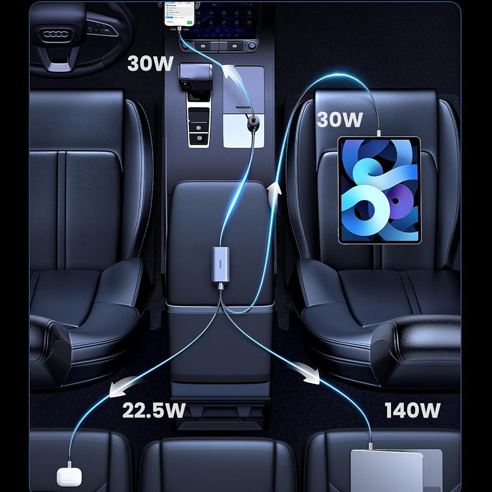 Caricabatterie Auto UGREEN EC706, 150W, 5A, 1 x USB-A - 3 x USB-C, Nero