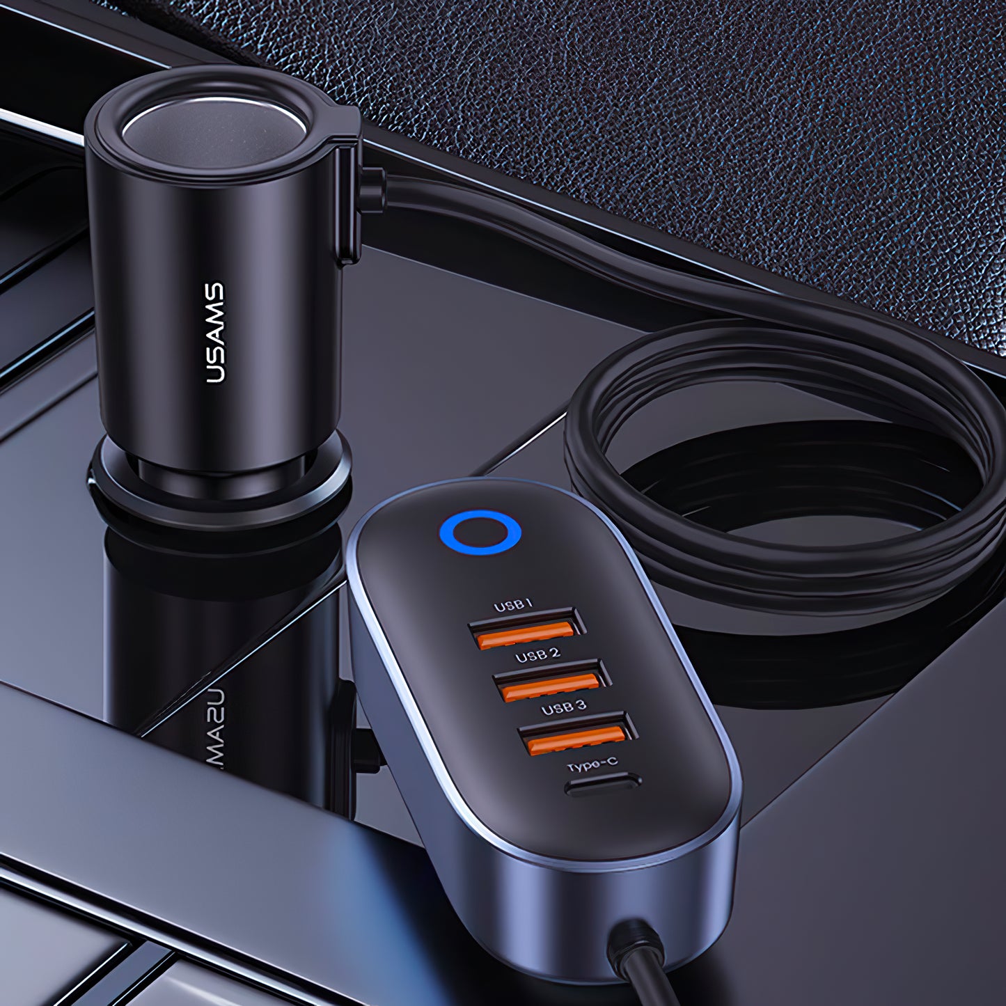 Caricabatterie da auto Usams US-CC161, 156W, 3A, 1 prolunga accendisigari - 1 x USB-C - 3 x USB-A, nero 