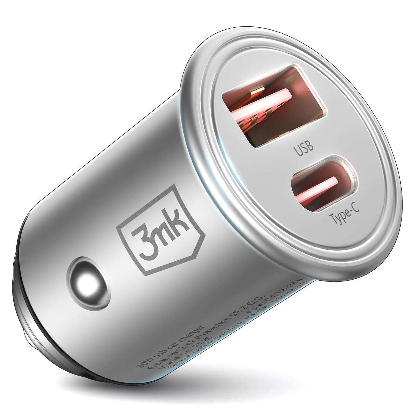 Caricabatterie per auto 3MK HyperCharger, 30W, 5A, 1 x USB-A - 1 x USB-C, argento