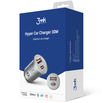 Caricabatterie per auto 3MK HyperCharger, 30W, 5A, 1 x USB-A - 1 x USB-C, argento