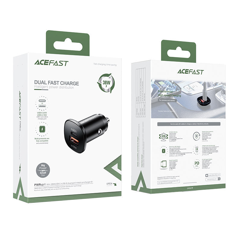 Caricabatterie Auto Acefast B1, 38W, 3A, 1 x USB-A - 1 x USB-C, Nero