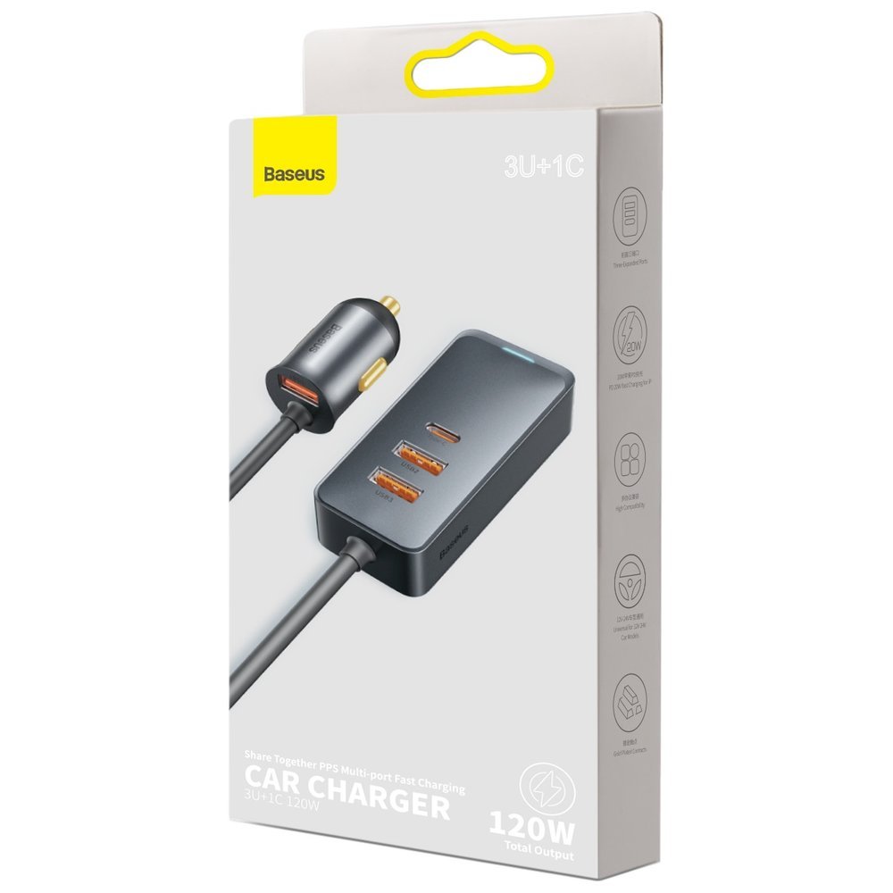 Caricabatterie da auto Baseus Share Together, 120W, 3A, 3 x USB-A - 1 x USB-C, grigio CCBT-B0G