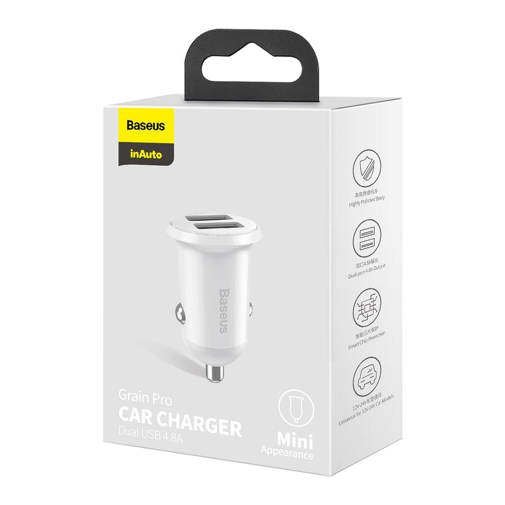 Caricabatterie da auto Baseus Grain Pro, 24W, 2,4A, 2 x USB-A, bianco CCALLP-02 