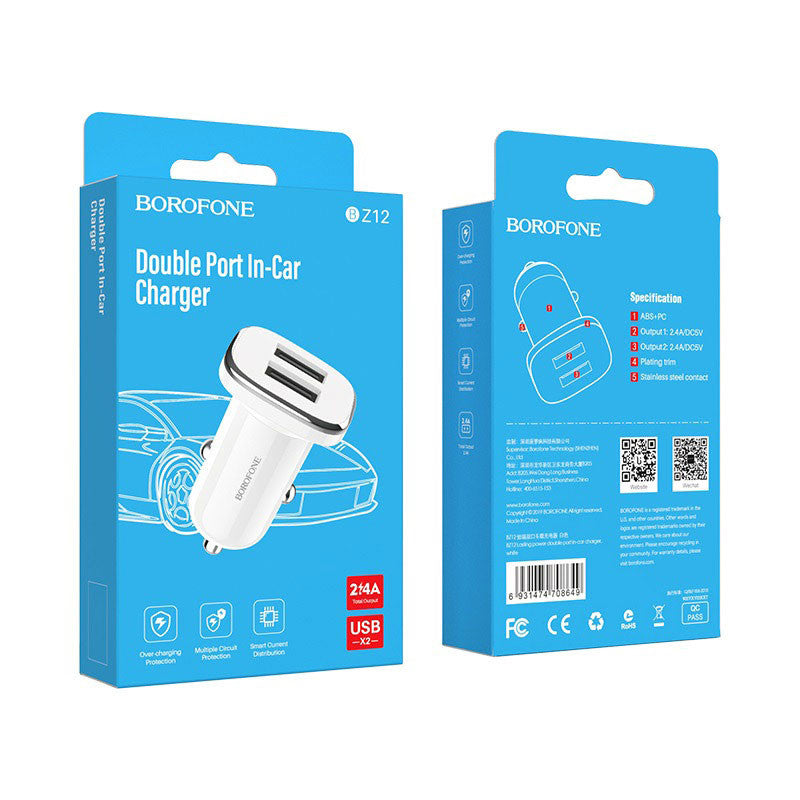 Caricabatterie da auto Borofone BZ12, 12W, 2,4A, 2 x USB-A, bianco