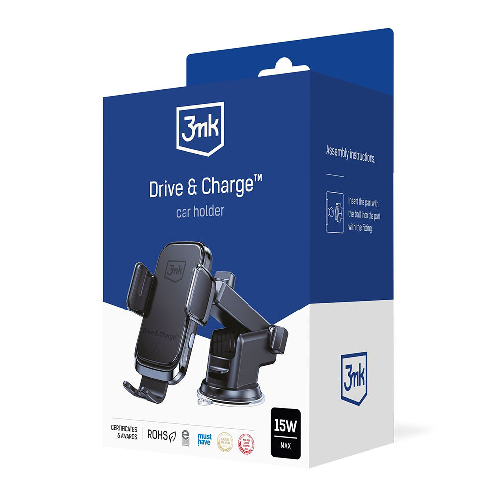 Caricabatterie Auto Wireless 3MK Drive&Charge, 15W, 1.67A, Nero
