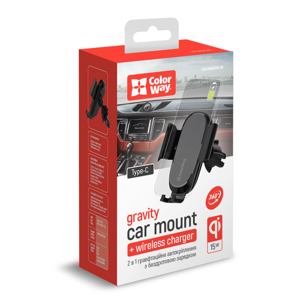 Wireless Car Charger ColorWay CW-CHAW038Q, 15W, 1.67A, Black