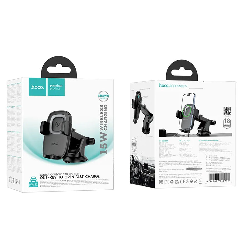 Caricabatterie Auto Wireless HOCO HW32, 15W, 1.67A, Nero