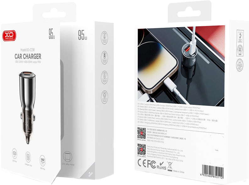 XO Design CC58 Car Charger, 95W, 3.25A, 1 x USB-A - 1 x USB-C, Black