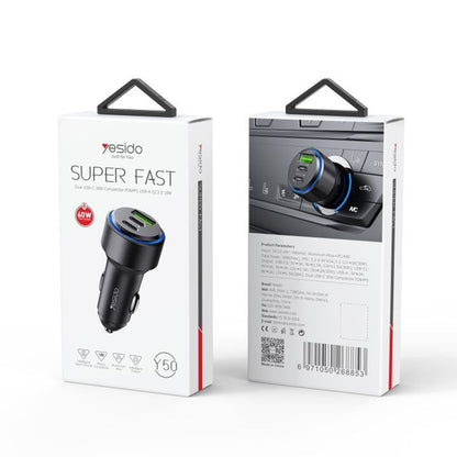 Caricabatterie Auto Yesido Y50, 60W, 3A, 1 x USB-A - 2 x USB-C, Nero