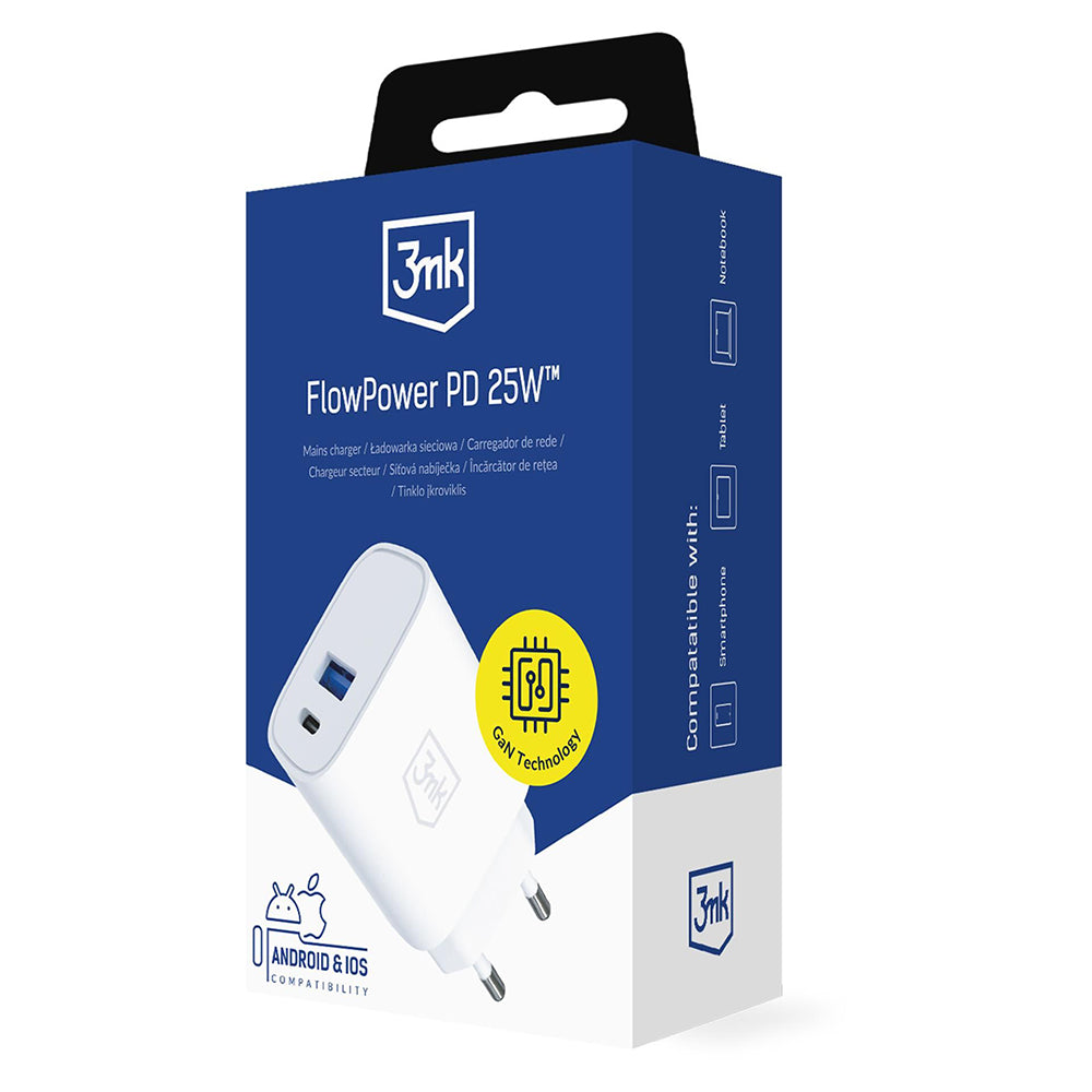 Caricatore da rete 3MK FlowPower, 25W, 1 x USB-A - 1 x USB-C, Bianco