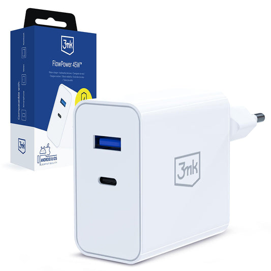 Caricatore da rete 3MK FlowPower, 45W, 1 x USB-A - 1 x USB-C, Bianco