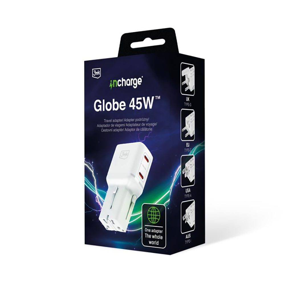 Caricatore da rete 3MK Globe Travel, 45W, 3A, 2 x USB-C, Bianco