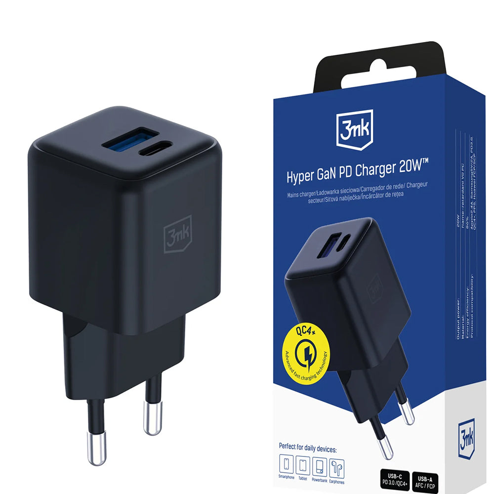 Caricabatterie Retea 3MK Hyper, 20W, 3A, 1 x USB-A - 1 x USB-C, Nero