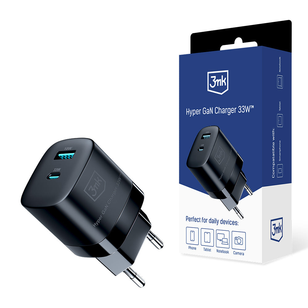 Caricatore di rete 3MK HyperCharger GaN, 33W, 3A, 1 x USB-A - 1 x USB-C, nero 