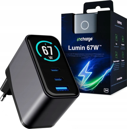 Caricatore da rete 3MK InCharge Lumin Display, 67W, 5A, 1 x USB-A - 2 x USB-C, Nero