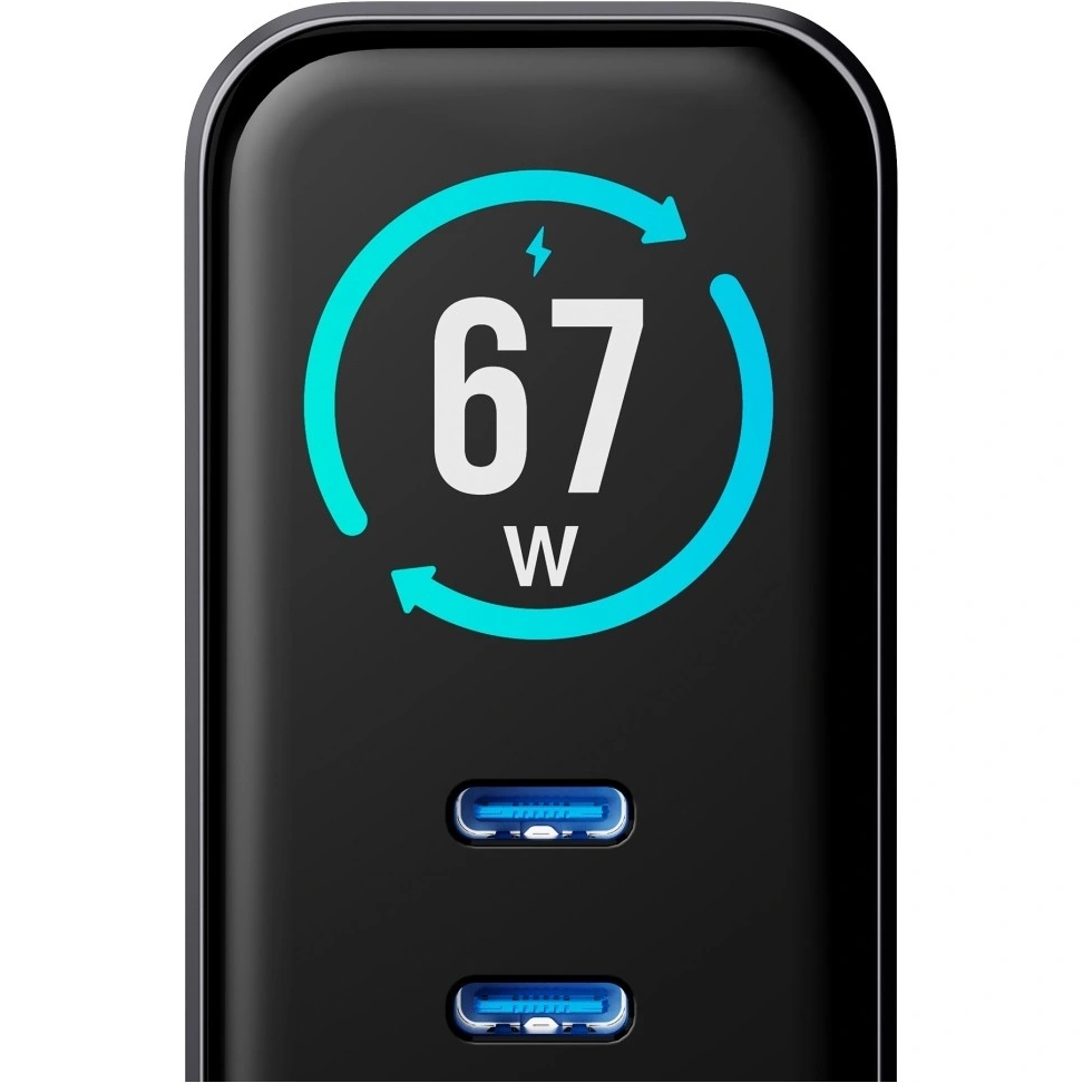 Caricatore da rete 3MK InCharge Lumin Display, 67W, 5A, 1 x USB-A - 2 x USB-C, Nero