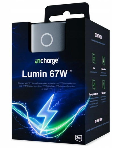 Caricatore da rete 3MK InCharge Lumin Display, 67W, 5A, 1 x USB-A - 2 x USB-C, Nero