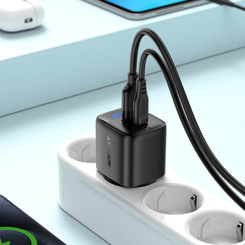 Acefast A114 Display Network Charger, 25W, 3A, 1 x USB-A - 1 x USB-C, Black