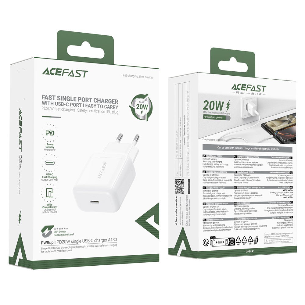 Caricabatterie Retea Acefast A130, 20W, 3A, 1 x USB-C, Bianco