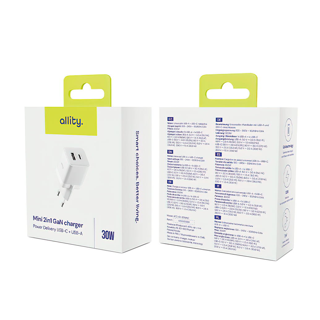 Caricabatterie Rete Allity. ATC-01-30WAC Mini, 30W, 3A, 1 x USB-A - 1 x USB-C, Bianco