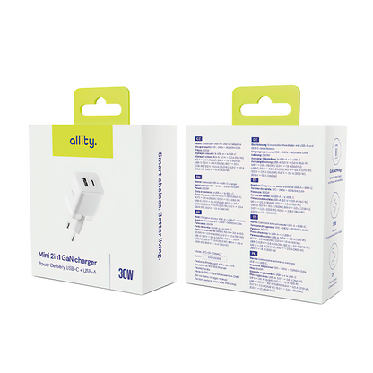 Caricabatterie Rete Allity. ATC-01-30WAC Mini, 30W, 3A, 1 x USB-A - 1 x USB-C, Bianco