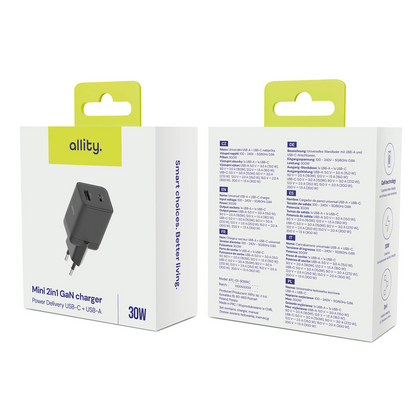 Caricabatterie Rete Allity. ATC-01-30WAC Mini, 30W, 3A, 1 x USB-A - 1 x USB-C, Nero