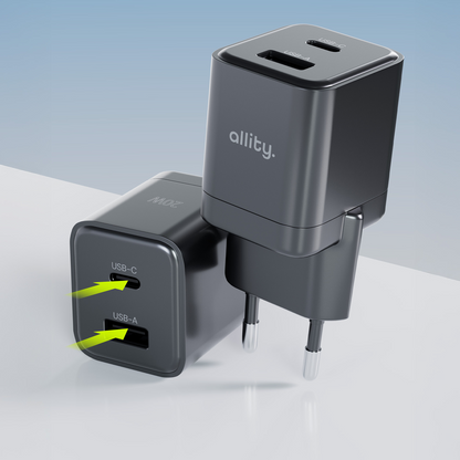 Caricabatterie Rete Allity. ATC-01-30WAC Mini, 30W, 3A, 1 x USB-A - 1 x USB-C, Nero