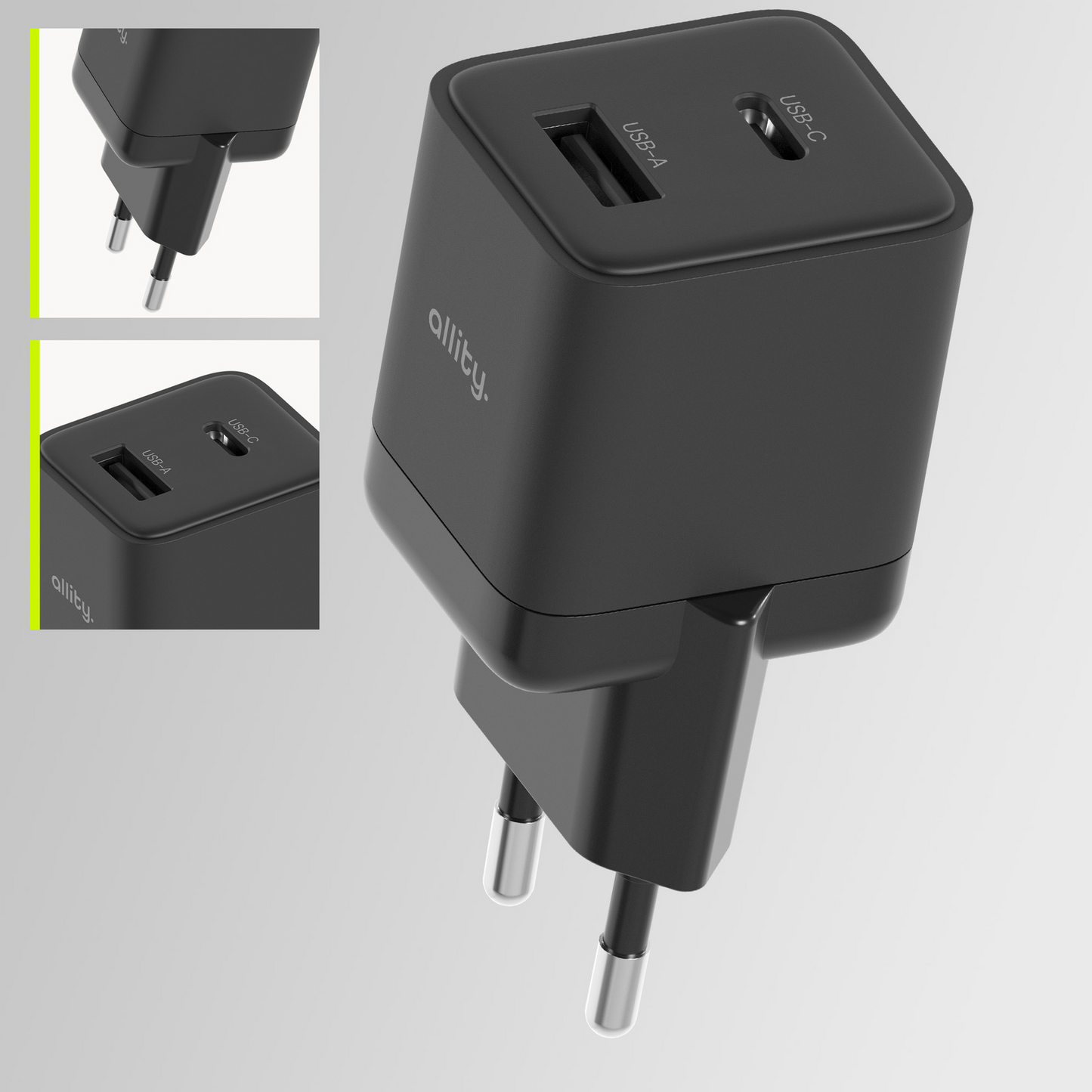 Caricabatterie Rete Allity. ATC-01-30WAC Mini, 30W, 3A, 1 x USB-A - 1 x USB-C, Nero