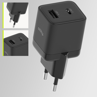 Caricabatterie Rete Allity. ATC-01-30WAC Mini, 30W, 3A, 1 x USB-A - 1 x USB-C, Nero