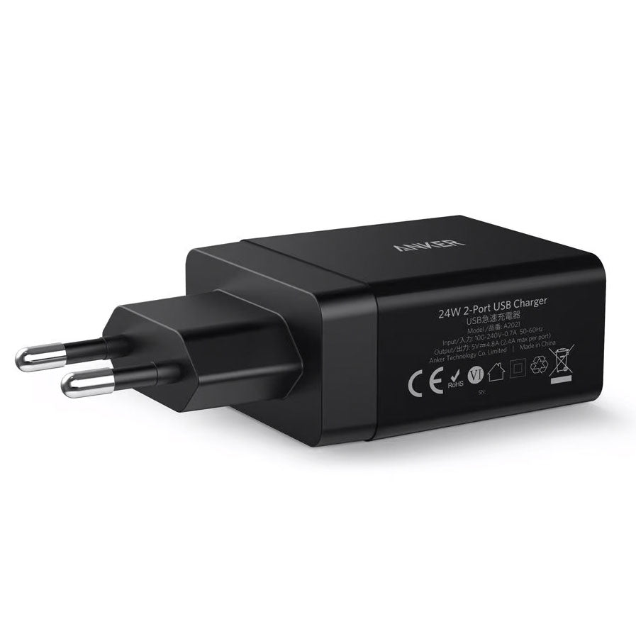 Caricabatterie di rete Anker PowerPort, 24W, 2,4A, 2 x USB-A, nero A2021L11 