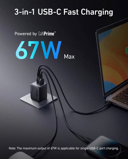 Anker Prime Network Charger, 67W, 5A, 1 x USB-A - 2 x USB-C, nero A2669313 