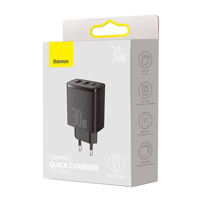 Caricatore di rete compatto Baseus, 30W, 3A, 1 x USB-C - 2 x USB-A, nero CCXJ-E01