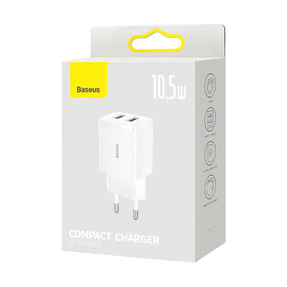 Caricabatterie Rete Baseus Compact, 10.5W, 2.1A, 2 x USB-A, Bianco CCXJ010202