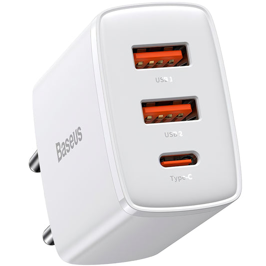 Caricatore di rete Baseus Compact, 30W, 1 x USB-C - 2 x USB-A, bianco CCXJ-E02 