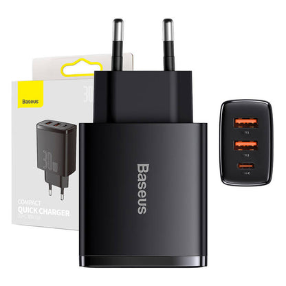 Caricatore di rete compatto Baseus, 30W, 3A, 1 x USB-C - 2 x USB-A, nero CCXJ-E01