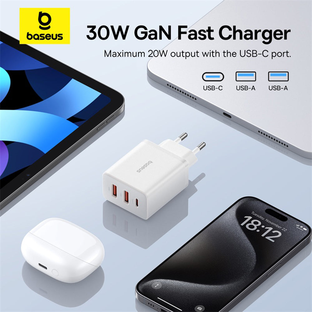 Caricabatterie Retea Baseus Cube, 30W, 3A, 2 x USB-A - 1 x USB-C, Bianco P10111402213-00