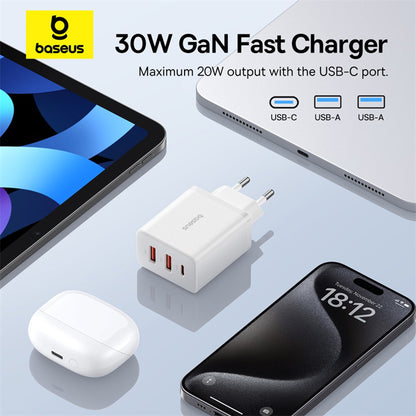 Caricabatterie Retea Baseus Cube, 30W, 3A, 2 x USB-A - 1 x USB-C, Bianco P10111402213-00