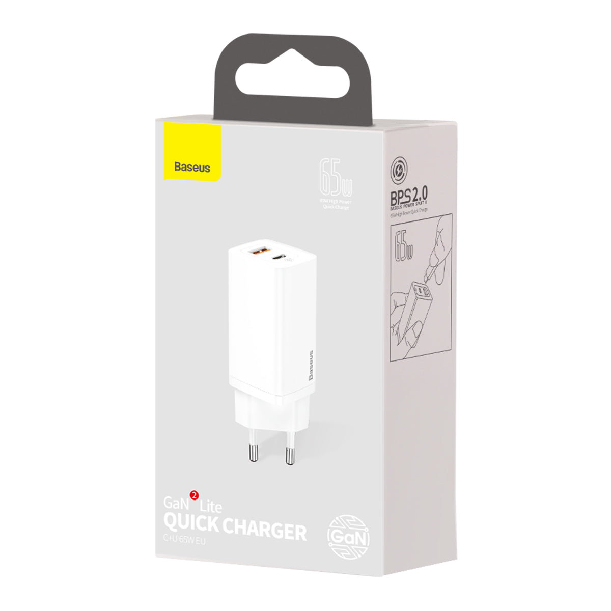 Caricatore di rete Baseus GaN2 Lite, 65W, 3A, 1 x USB-A - 1 x USB-C, bianco CCGAN2L-B02 