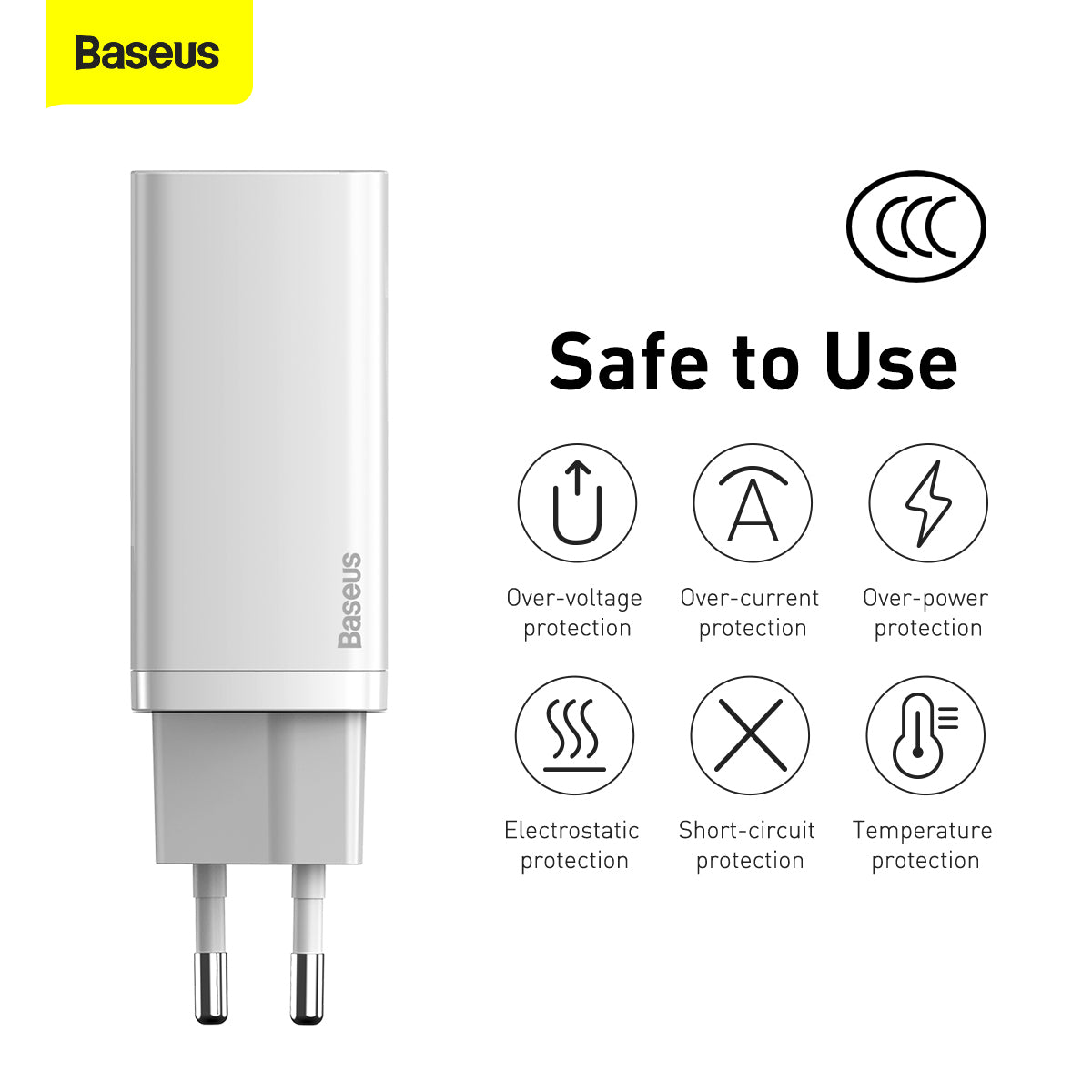 Caricatore di rete Baseus GaN2 Lite, 65W, 3A, 1 x USB-A - 1 x USB-C, bianco CCGAN2L-B02 