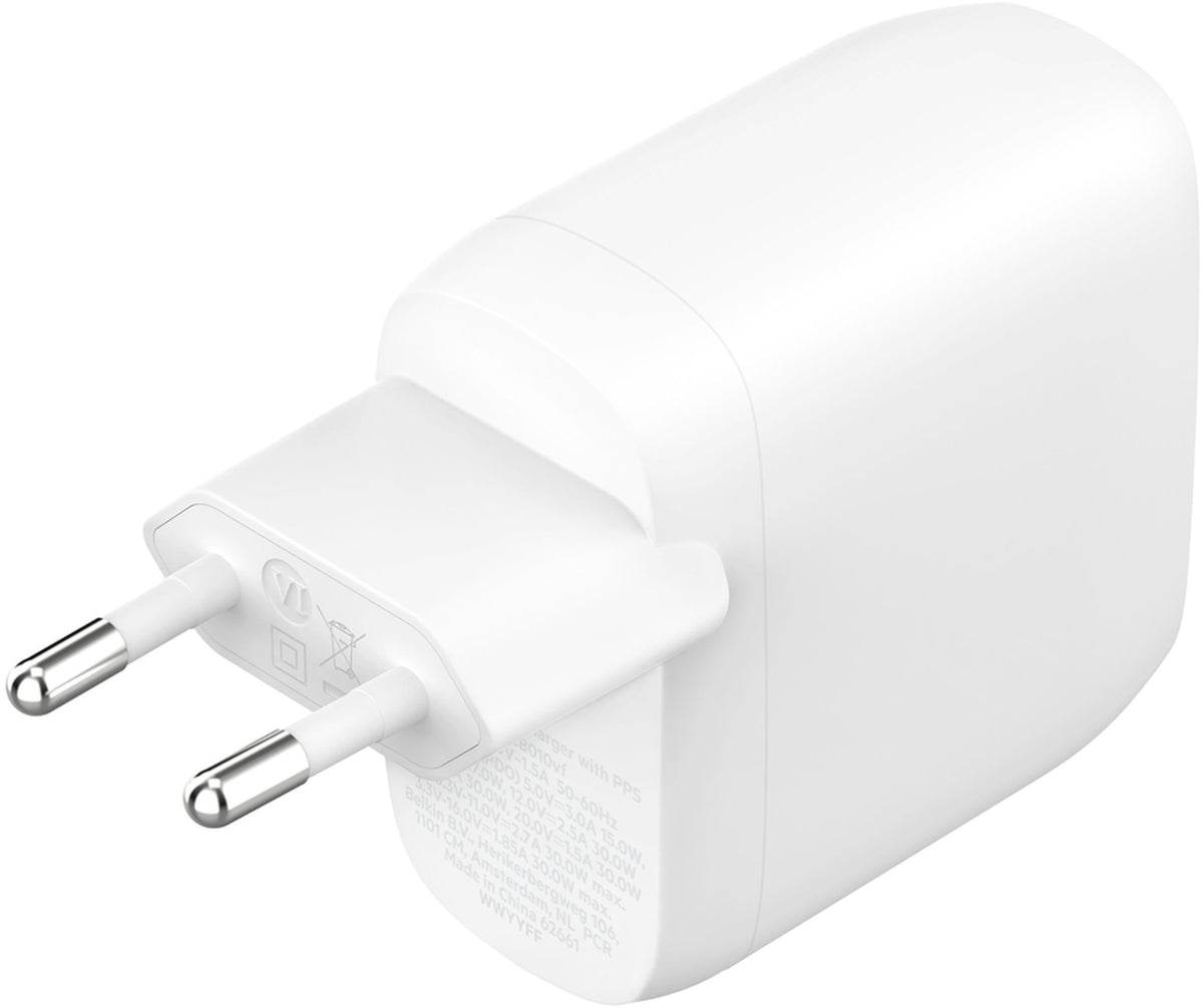 Caricatore da rete Belkin BoostCharge Pro Dual, 60W, 3A, 2 x USB-C, Bianco WCB010vfWH