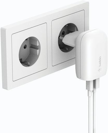 Caricatore da rete Belkin BoostCharge Dual, 37W, 3A, 1 x USB-A - x USB-C, Bianco WCB007vfWH