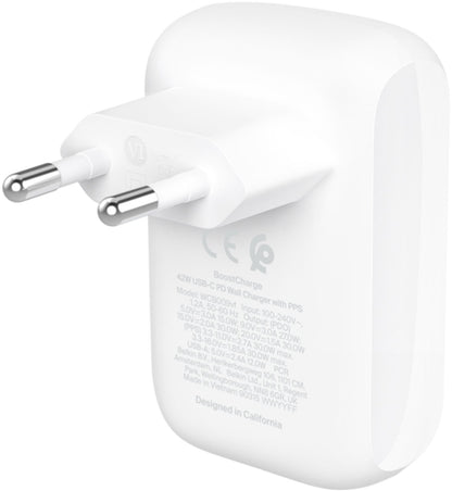 Caricatore da rete Belkin BoostCharge Dual, 42W, 3A, 1 x USB-A - 1 x USB-C, Bianco WCB009vfWH