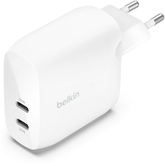 Caricatore da rete Belkin BoostCharge Pro Dual, 60W, 3A, 2 x USB-C, Bianco WCB010vfWH